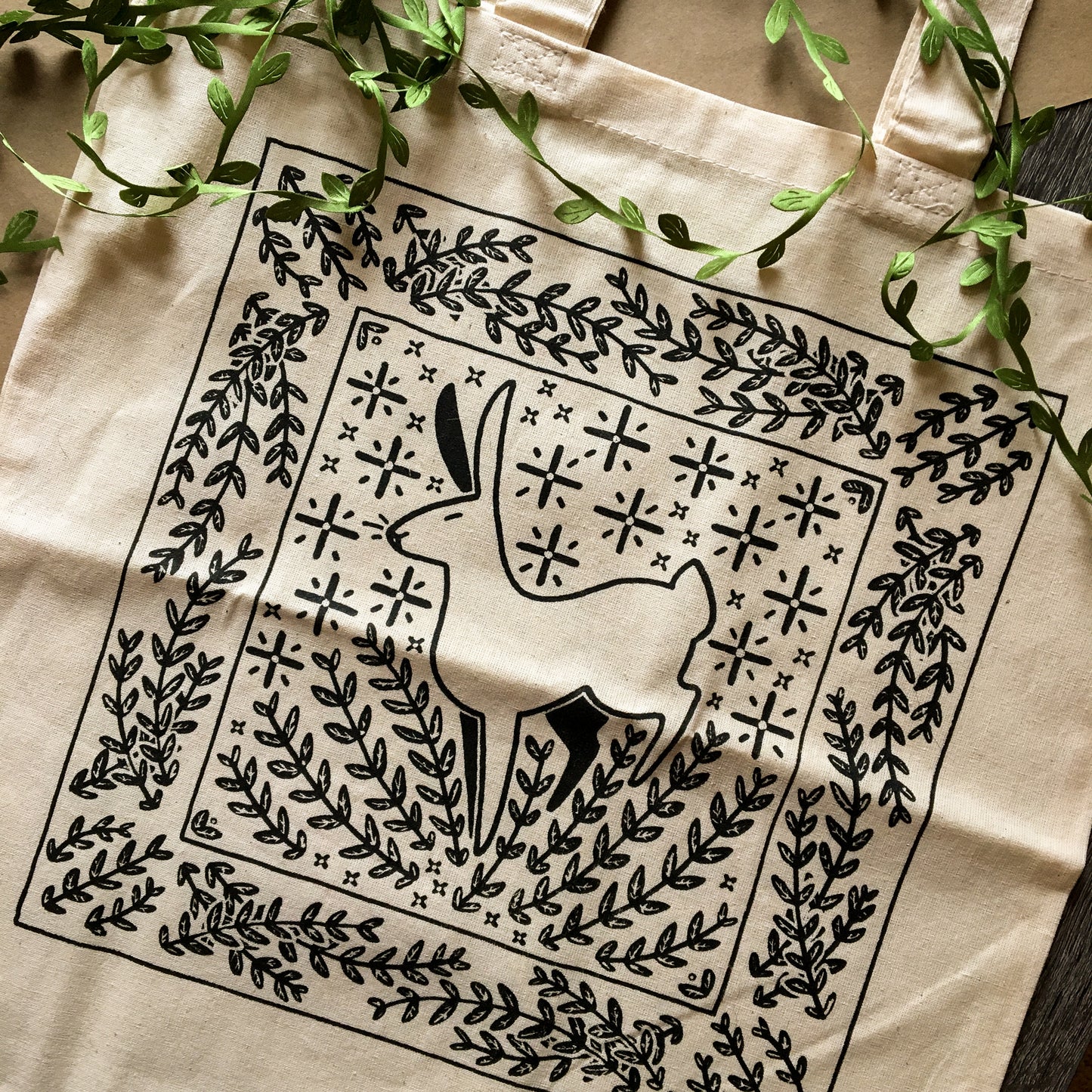 fox and rabbit tote bag black