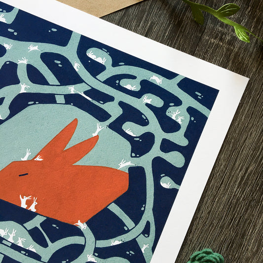 red rabbit: little city art print
