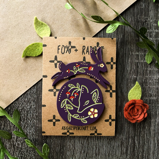 fox and rabbit enamel pin pair