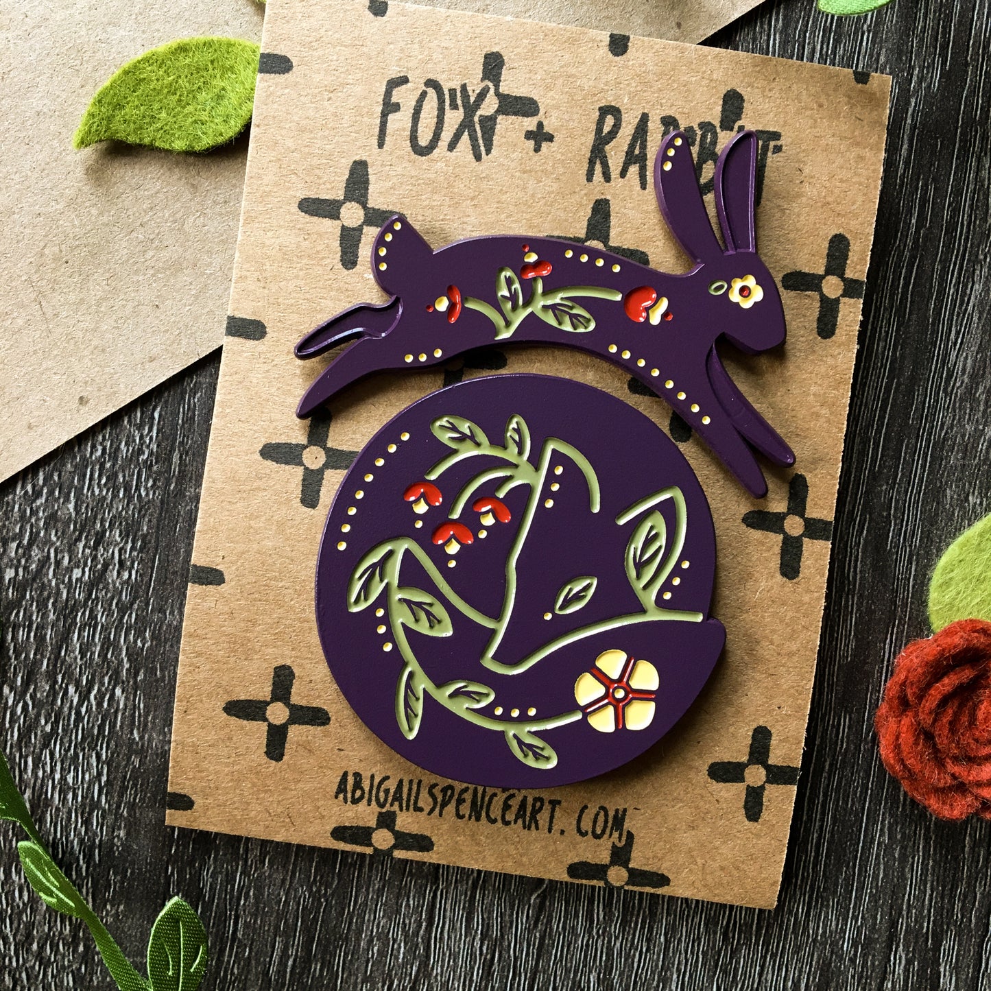 fox and rabbit enamel pin pair