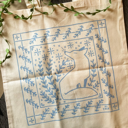 fox and rabbit tote bag blue